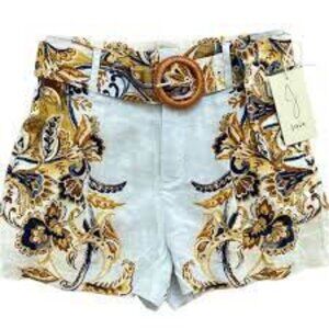 Joie 100% linen Paisley Brocade light blue brown high waist shorts size XL